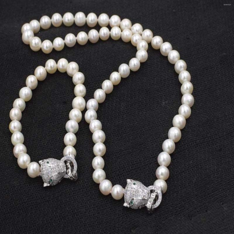 

Necklace Earrings Set Hand Knotted 8-9mm White Freshwater Pearl 45cm Bracelet 20cm Micro Inlaid Zircon Leopard Head Clasp Accessory, Picture shown