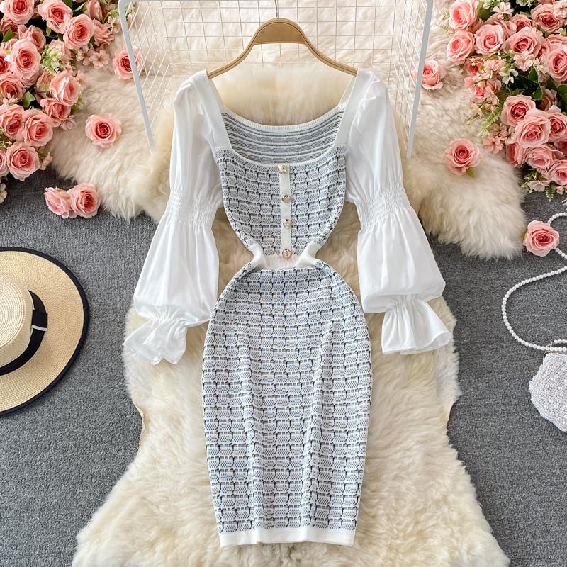 

Casual Dresses Autumn Winter Color Match Knit Dress Women France Square Neck Knitted Long Sleeve Elastic Hip Wrap Sweater, Black