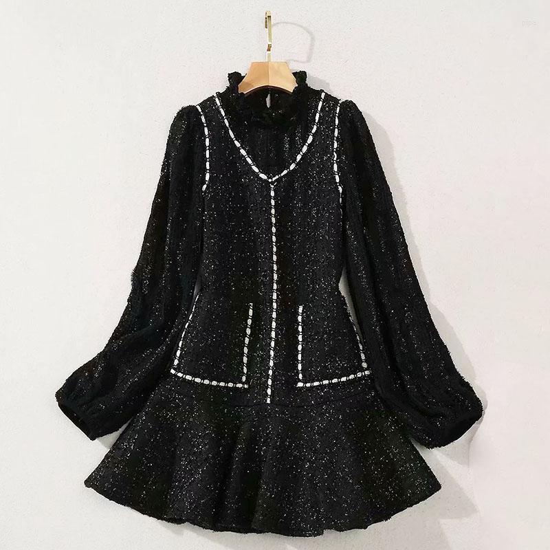 

Casual Dresses Fashion HIGH-QUALITY Runway 2023 Women' Stand Collar Long Sleeve Pockets Plaid Wool Vintage Short Dress, Picture shown