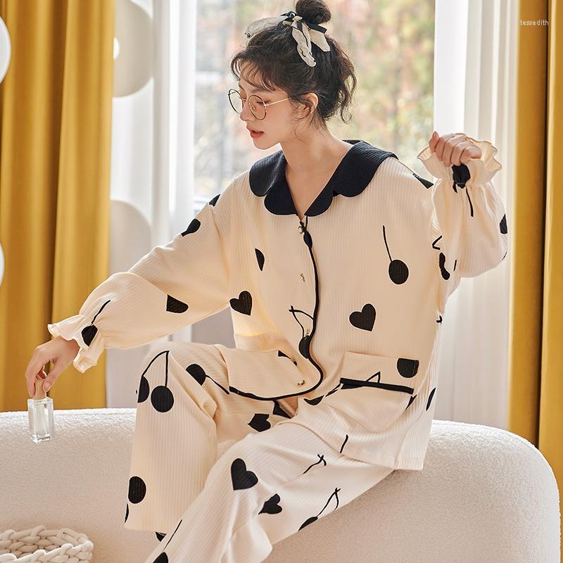 

Women's Sleepwear Cotton Pajamas Women's Cute Set Loose Lace Cherry Long Sleeve Homewear Women Bedroom