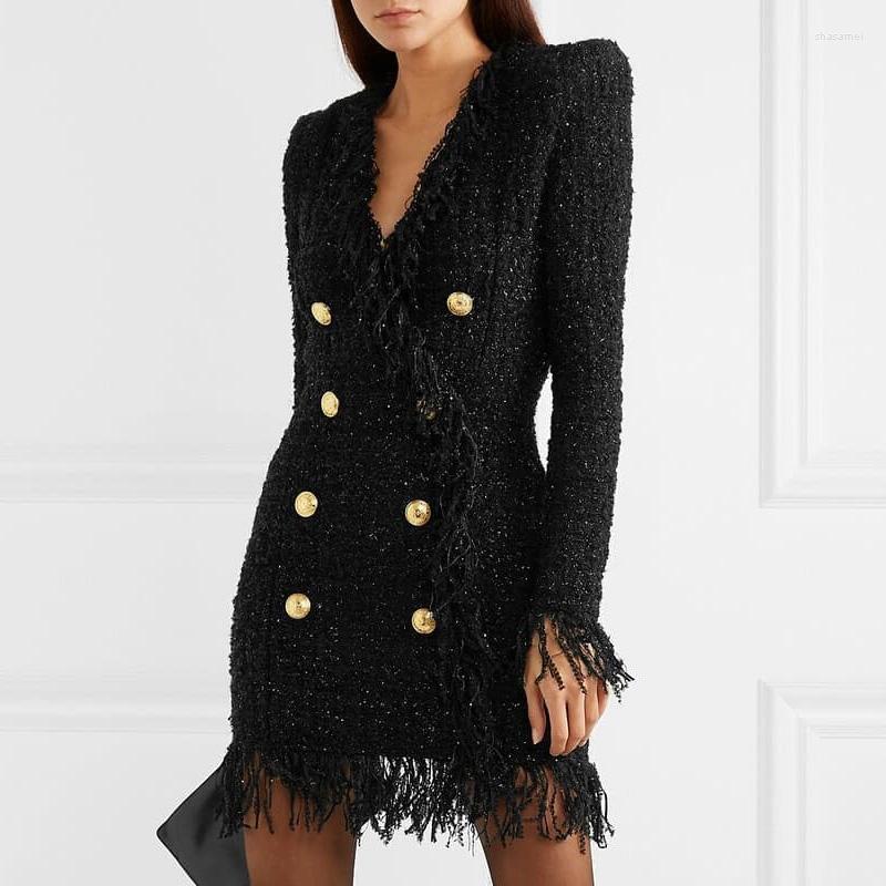 

Casual Dresses Est HIGH QUALITY 2023 Designer Runway Women' Long Sleeve Metal Lion Buttons Fringed Tweed Tassel Dress, Black
