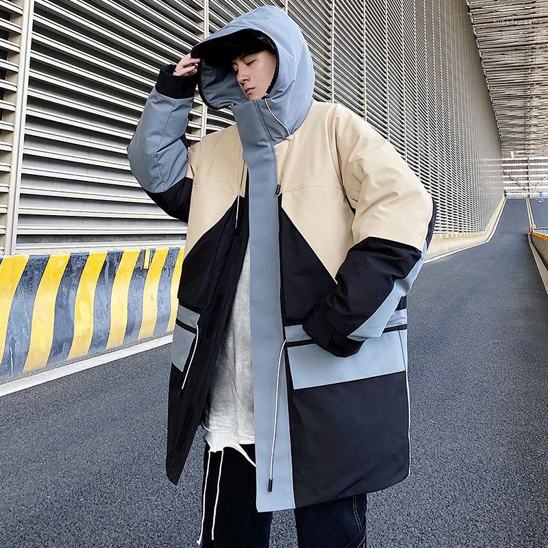 

Men's Down Winter Outerwear Men White Duck Trend Long Hooded Contrast Coats Windproof Casual Closing Sleeves Thicken Warm Jacket, Khaki hitting lime