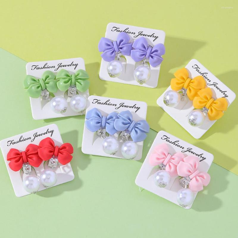 

Backs Earrings Kids Ear Clip Korean Style Sweet Colorful Bowknot No Piercing Earring For Baby Girls Pearl Dangle Ring Children Jewelry