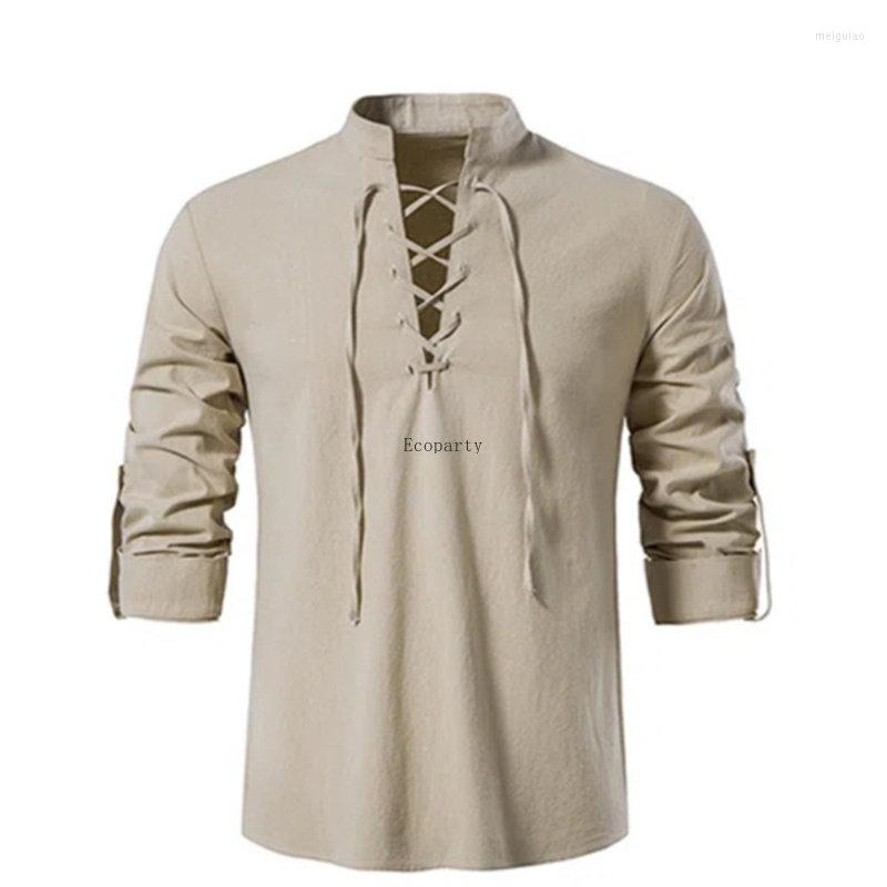 

Men' T Shirts 59 Men' V-neck Shirt T-shirt Fashion Vintage Thin Long Sleeve Top Men Casual Breathable Viking Front Lace Up Man, Khaki