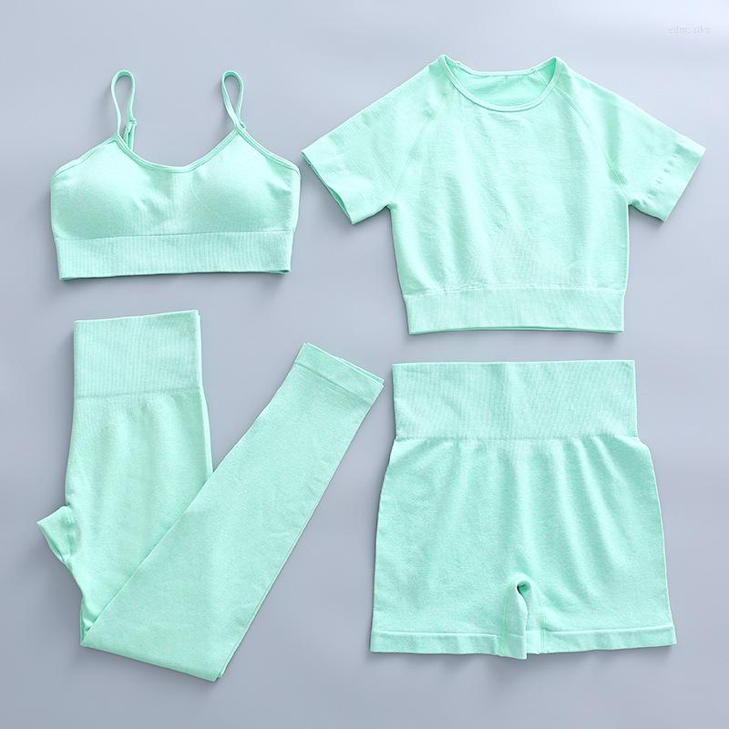 

Active Sets 2/3/4Yoga Set Women Seamless Short Sleeve Crop Top Yoga Shirts Gym Running Workout Leggings Sport Shorts Fitness Clothing, Green t-shirts