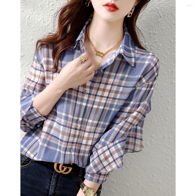 

Women' Blouses Plaid For Women Fashion 2023 Autumn And Winter Turn Down Collar Single-breasted Shirts Chic Female Tops S24, Blue