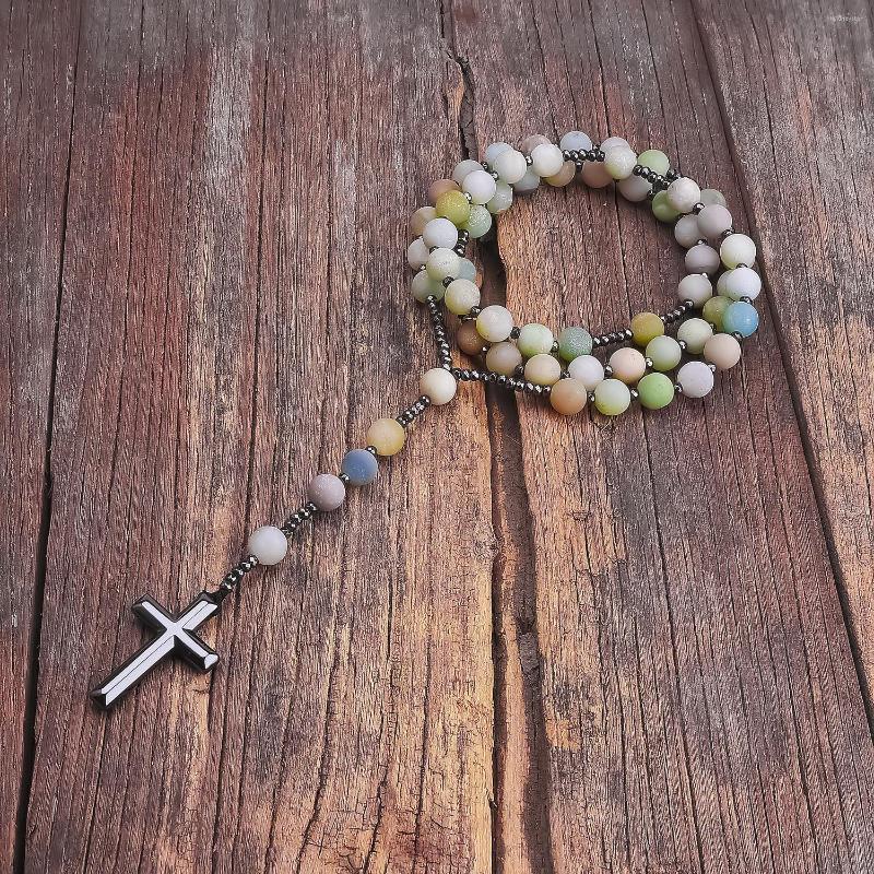 

Pendant Necklaces Natural Stone Matte Amazonite Catholic Christ Rosary Hematite Cross Necklace Women Jewelry
