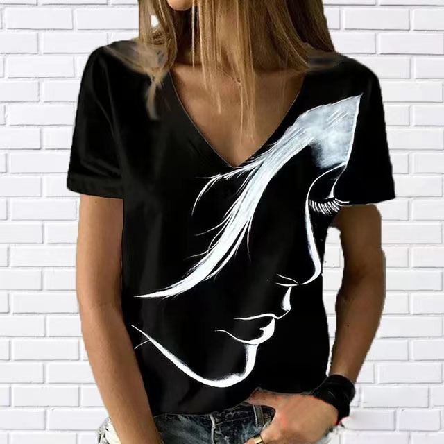 

2023 European and American cross-border foreign trade women' V-neck head portrait printing pullover short-sleeved T-shirt women' top, Purple