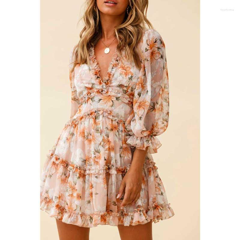 

Casual Dresses MCLAOSI 2023 Floral Print Ruffle Dress Women Backless V-Neck Mini Ladies Party For, Green