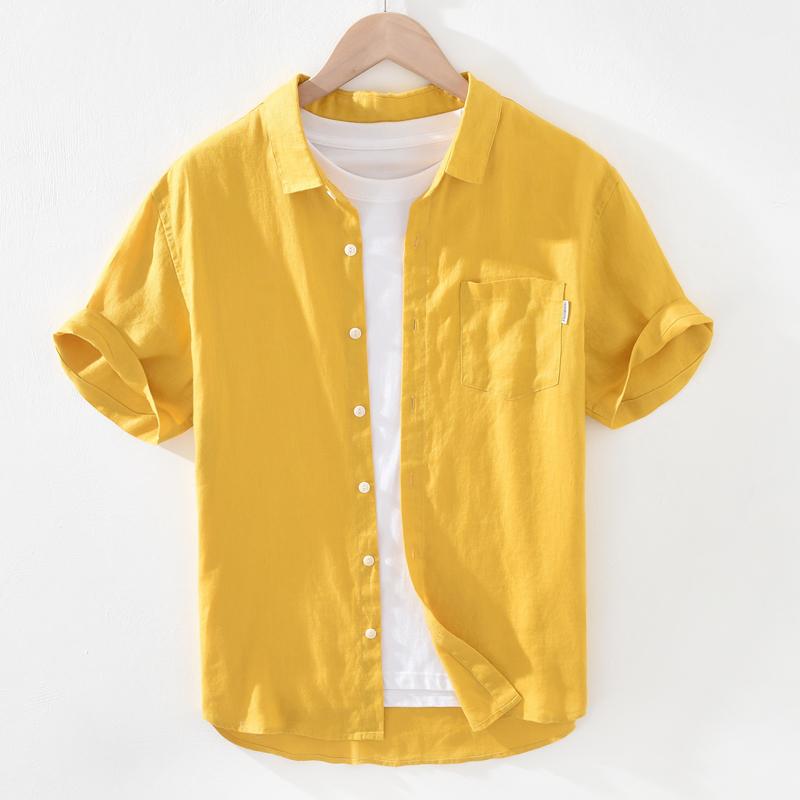 

Men's Casual Shirts Yellow Short Sleeve Shirt For Men Summer Pure Linen Tops Male Breathable Comfortable Turn-down Collar Button ShirtMen's, Green