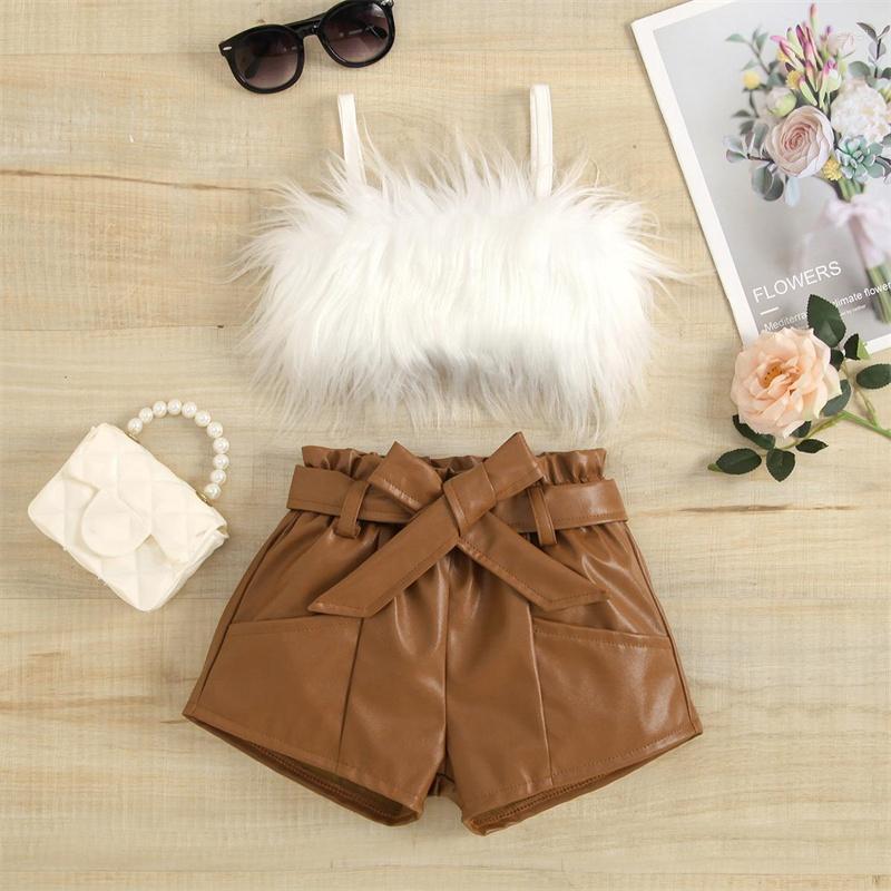 

Clothing Sets Girls Clothes Summer Solid Color Plush Sleeveless White Top Brown Bow Leather Shorts 2 Piece Kids Children's Suit