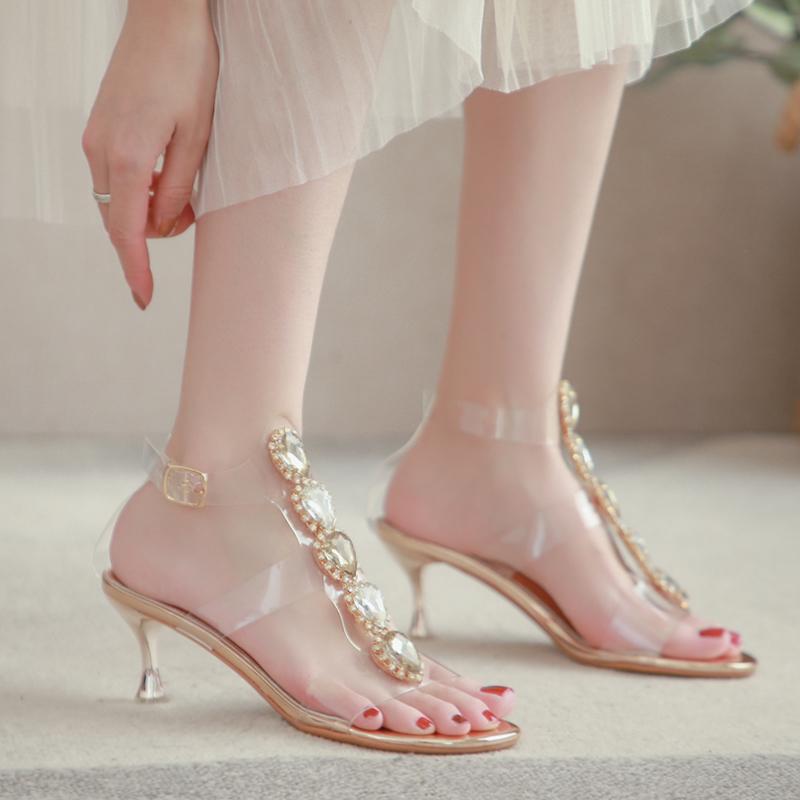 

Sandals Exquisite Transparent Crystal Stiletto Buckle Ladies Summer Elegant Open-toe Sexy High-heel Wedding Shoes., Silver 7cm