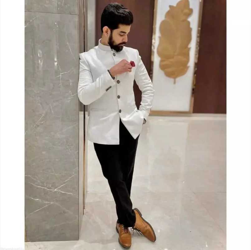 

Men's Suits & Blazers Stand Collar Arab Style Blazer With Black Pants Men Slim Fit 2 Pieces Set/Formal Wedding Prom Groom Fashion Classic We, Picture shown