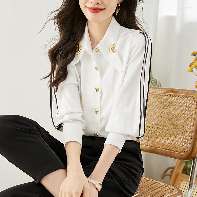 

Women' Blouses Chiffon Shirt For Women Summer 2023 In Solid Casual White Loose Fashion Long Sleeve Top Turn-down Collar