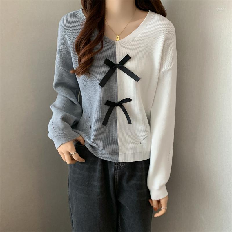 

Women's Sweaters Harajuku Color Matching Women's Sweater Spring Autumn Knitted Pullover V-neck Loose Stripe Soft Knitwear Jumpers Basic, 6085 gray