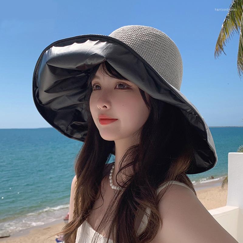 

Berets Large Brim 14cm Sun Hat With String Women UV Protection Female Outdoor Fisherman Cap Foldable Summer Beach Solid Bucket, Black