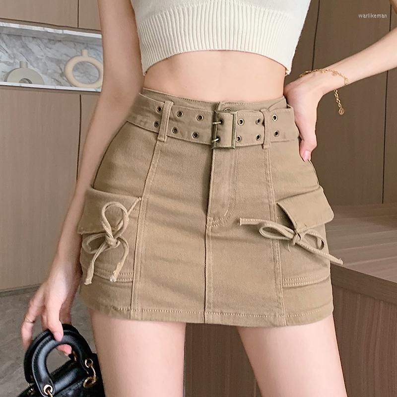 

Skirts Bow Pockets Denim Jeans Skirt Women High Waist With Belted Mini Shorts Sheath Bodycorn Pencil Y2K Streetwear Tooling, Khaki