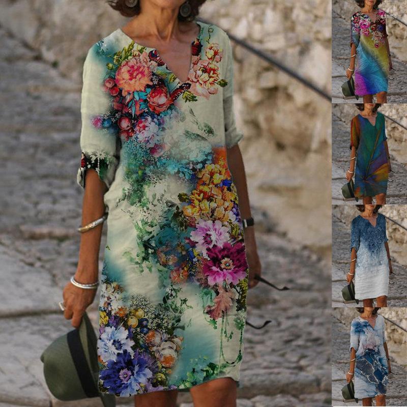 

Casual Dresses For Women Japanese And Korean 2023 Print Loose Washed Cotton Fragmented Short Sleeve Retro Art Round Neck Dress