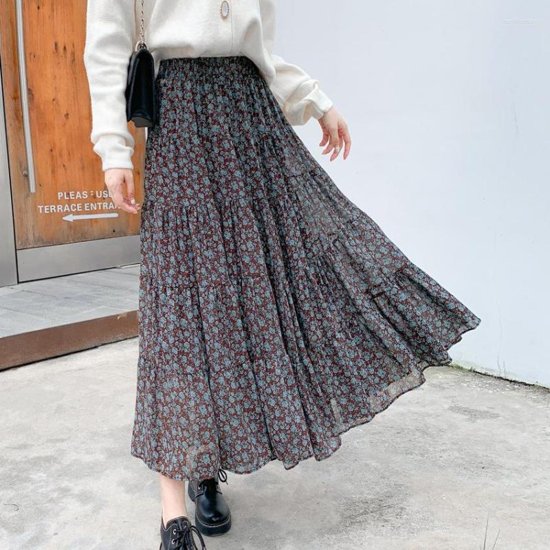 

Skirts 2023 Fall Winter Women Floral Skirt Korean Sweet Streetwear A-line High Waist Female Solid ColorChiffon Mid-length, White floral