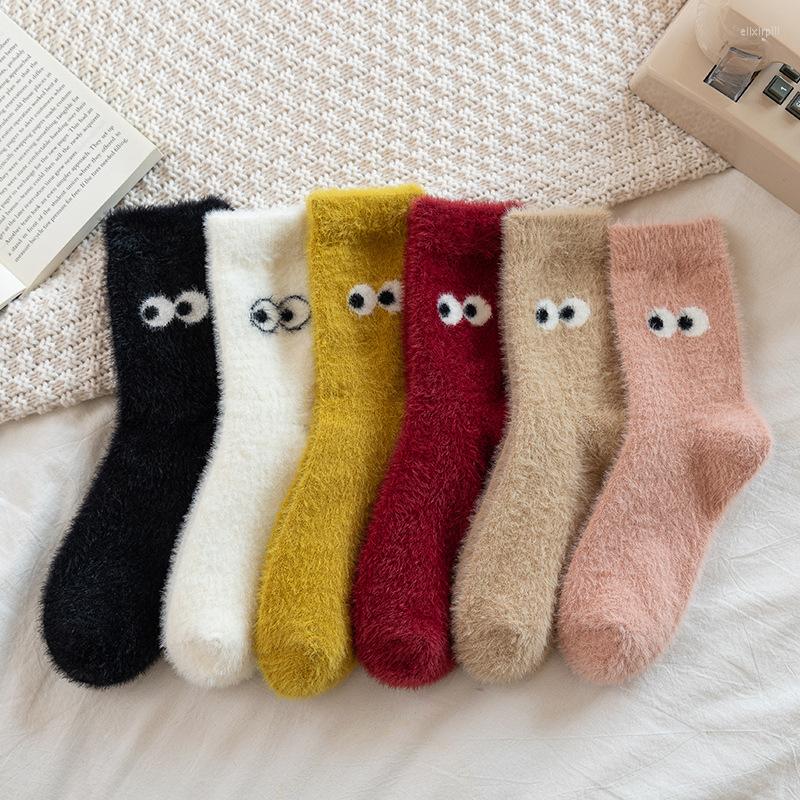 

Women Socks Cartoon Plush Woman Sock Cute Big Eyes For Fashion Solid Color Kawaii Soft Casual Sox Cotton Autumn Winter Stockings