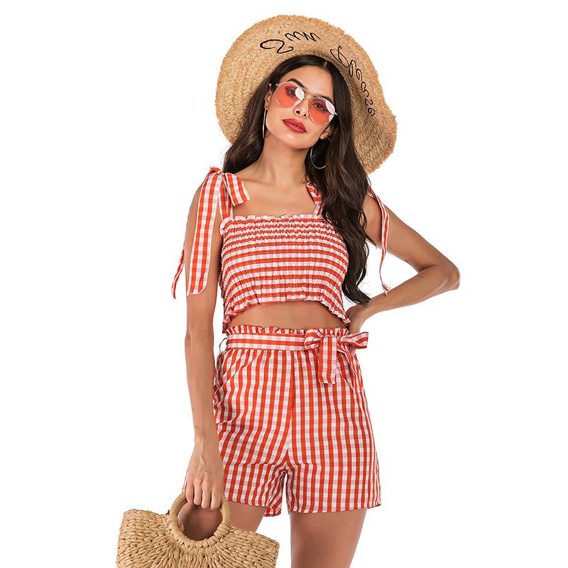 

Women' Tracksuits 2023 Youth And Sweet Style Suit Fashion Trend Sexy Plaid Vest Shorts Two-Piece Temperament Summer Ladies, Orange