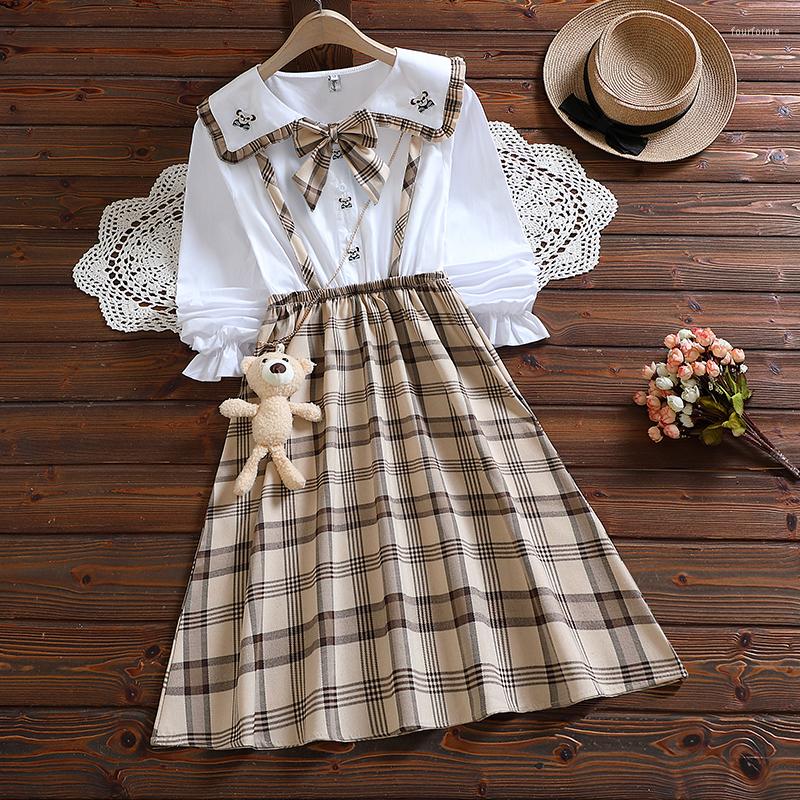 

Casual Dresses Mori Girl Cute Kawaii Vestidos Sailor Collar With Bowknot Bear Ornament Gift Long Sleeve Women Blue Khaki Plaid Dress, Sky blue