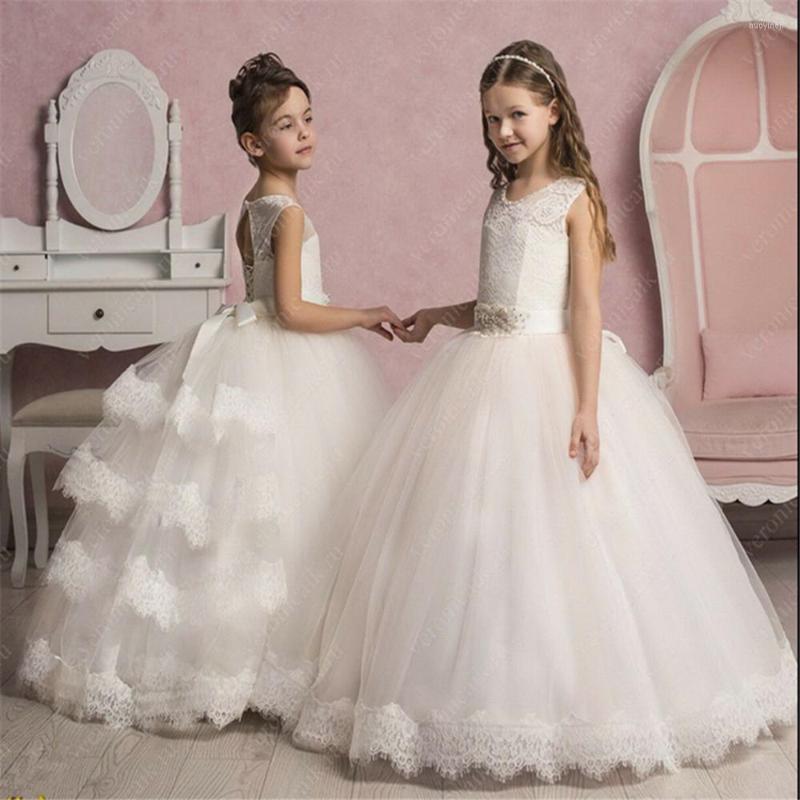 

Girl Dresses Flower Dress White Fluffy Wedding Party First Holy Communion Eucharist Attended Princess Lace Evening