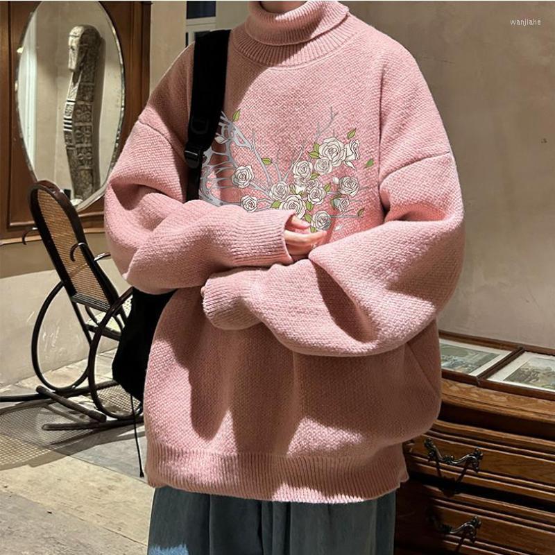 

Men's Sweaters -5XL Plus Size Men's Jumper Turtle Neck Sweater Long Sleeve Comfortable Cotton Knitwear Buttrtfly Flower Printed Male, Coffee pullover male