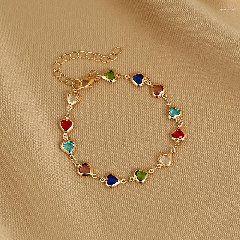 

Strand Charm Colorful Heart Bracelet For Women Crystal Exquisite Zircon Metal Chain Bracelets&Bangle Party Birthday Jewelry Gift