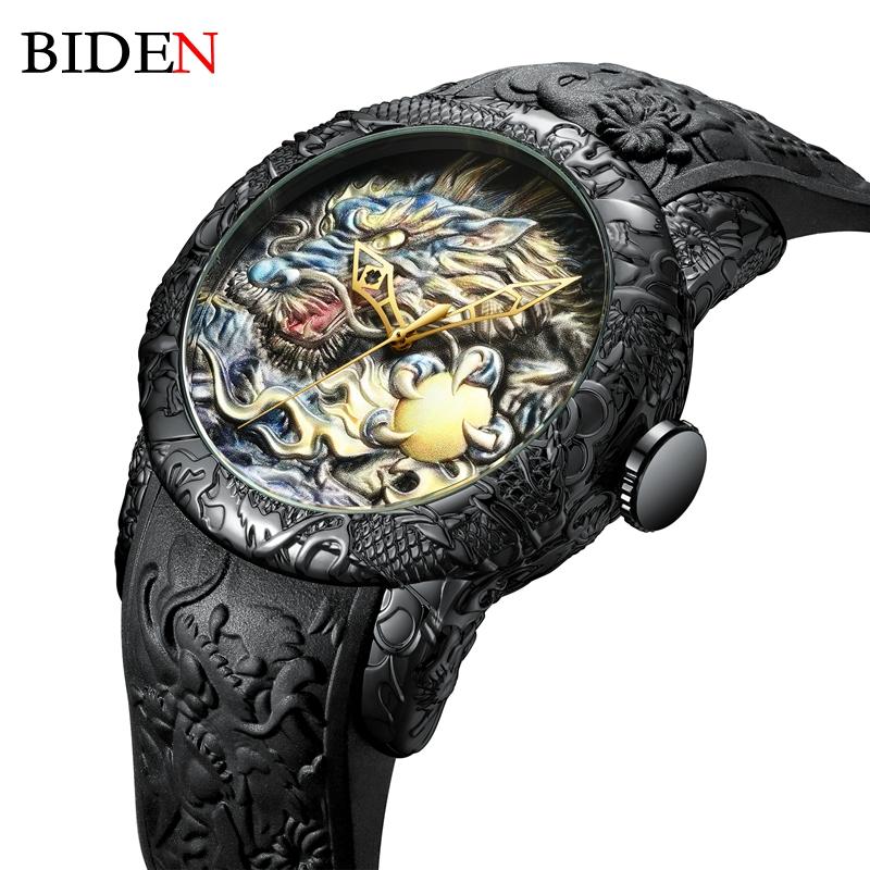 

Wristwatches Top Brand BIDEN Mens Watches Dragon Design Quartz Watch Silicone Strap Waterproof Sport Wristwatch Male Clock Relogio Masculino, Gold
