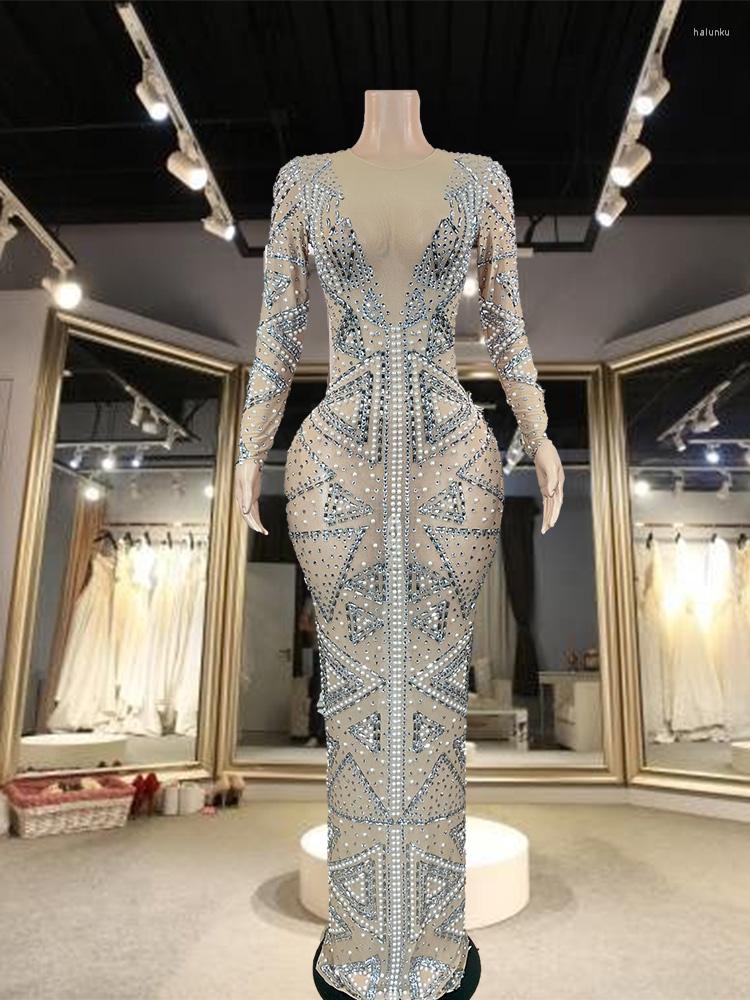 

Stage Wear High End Rhinstone Pearls Evening See ThroughDress Deep V Festival Showgirl Costume Birthday Formal Real Women Celebrate, Multi