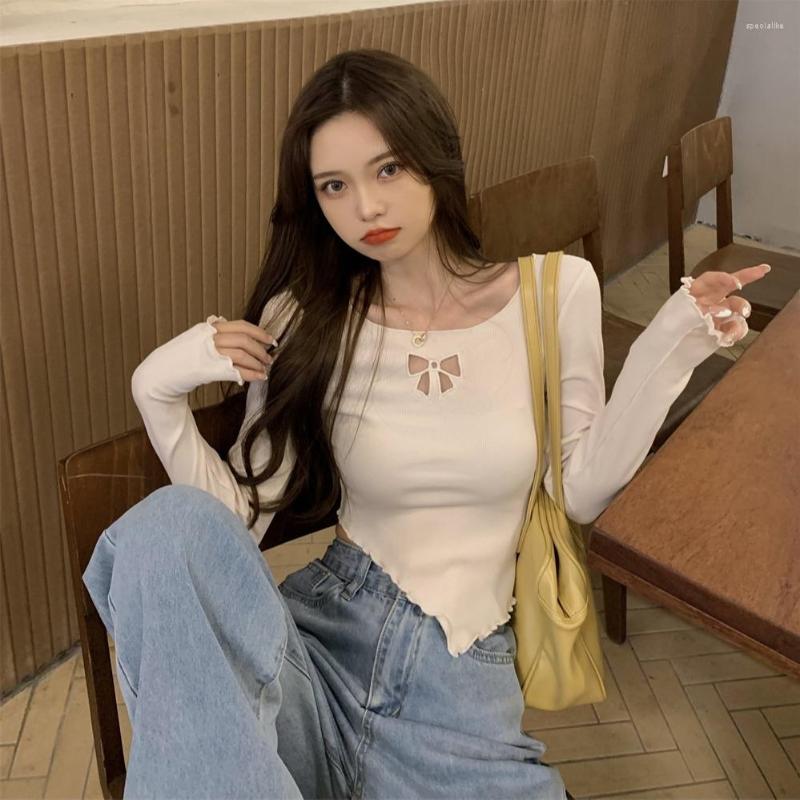 

Women' Sweaters Women Openwork Bow Design Shirts Sexy Solid Simple All-match Classic Est Stylish Tops Clothing Female Ins O-neck Daily, Gray