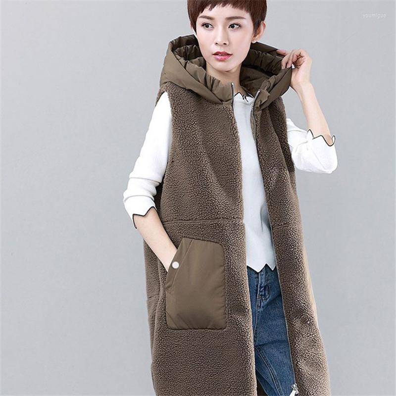 

Women's Vests Imitation Lambswool Vest Jacket Women Mid-Length Patchwork Gilet Coat Autumn Winter Fashion Zipper Hooded Sleeveless Waistcoat, Black