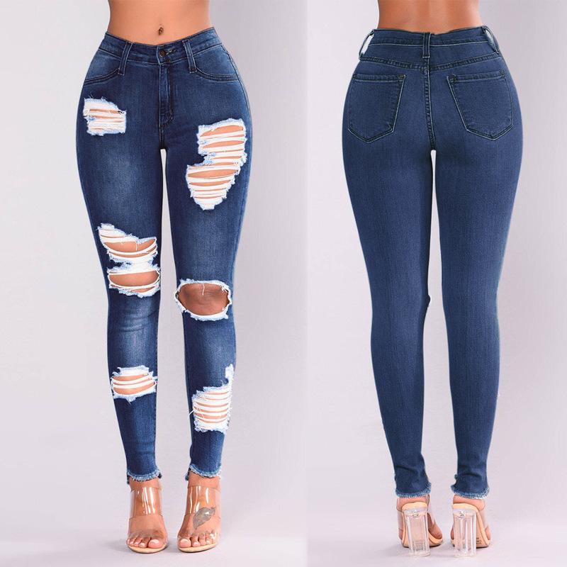 

Women' Jeans Autumn Fashion Solid Color Stretch Slim Washed Denim Pencil Pants Vintage Casual High Waist Ripped Bleached, Black