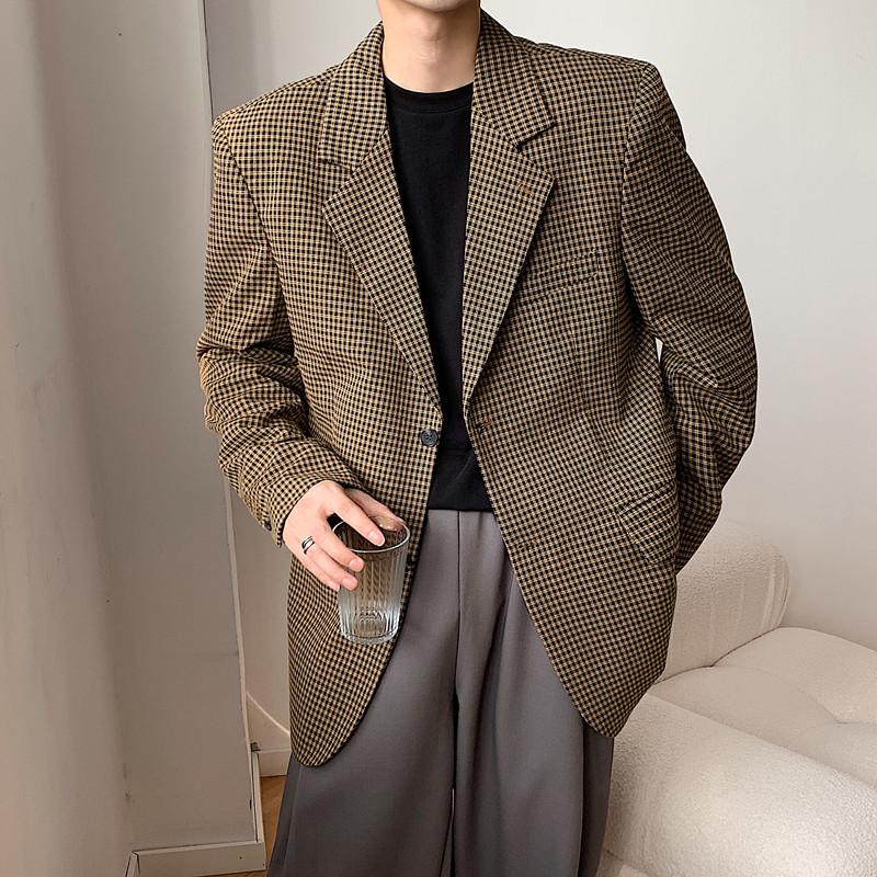 

Men's Suits & Blazers Autumn 2023 Trends Vintage Houndstooth Plaid Mens Loose Oversize Retro Jackets For Elegant Korean Streetwear Check, Khaki