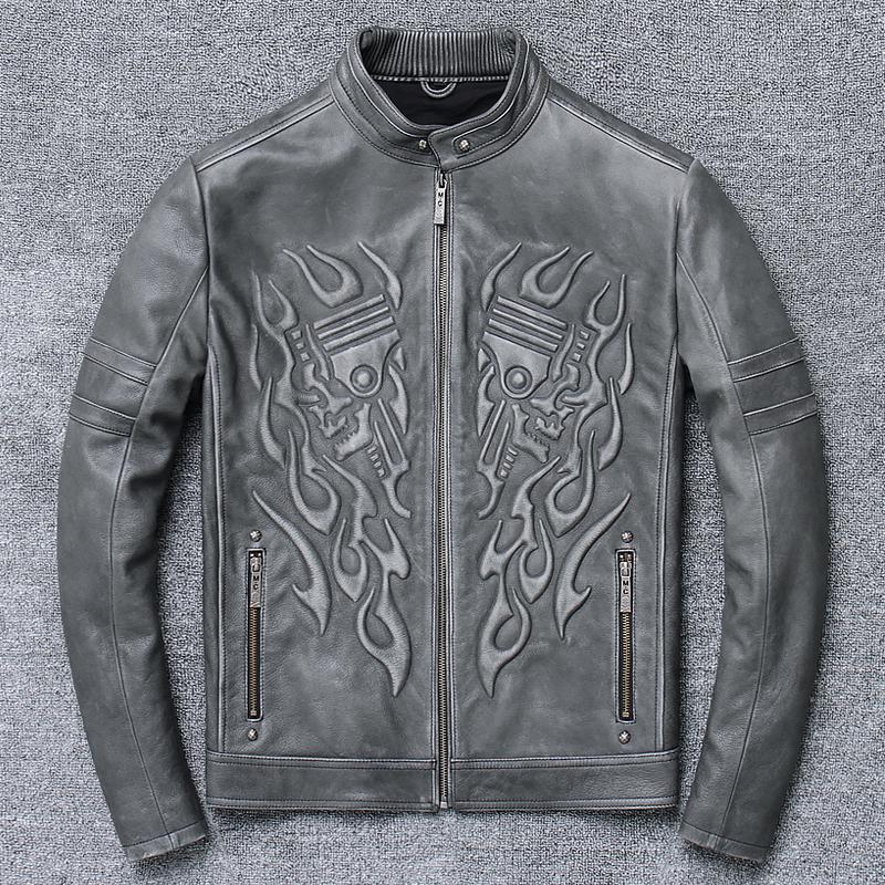 

Men's Jackets Quality Mens Punk Skull Leather Jacket Men Genuine Coat.motor Biker Clothes.gray Sales JacketMen's Men'sMen's, Dark grey