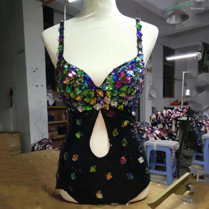 

Stage Wear Colorful Rhinestones Bodysuit Black Sequins Hollow Outfit Nightclub Gogo Dance Costume Sexy Pole Clothes XS4136