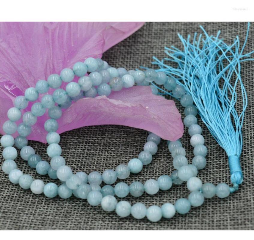 

Chains Fashion Jewelry 6mm Stone Buddhist Natural Aquamarine 108 Prayer Beads Mala Bracelet Necklace Jade Cry