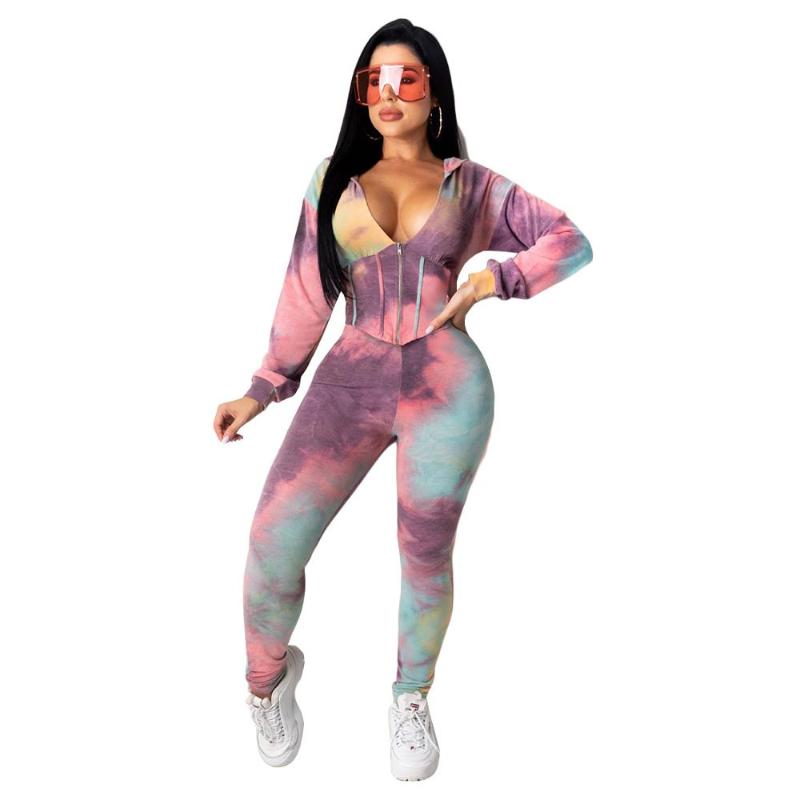 

Women' Tracksuits DPSDE 2023 Fashion Hip Hop Style Sets Long Sleeve Hooded Neck Short Top Elastic Pants Printed Two Piece, Tie-dye