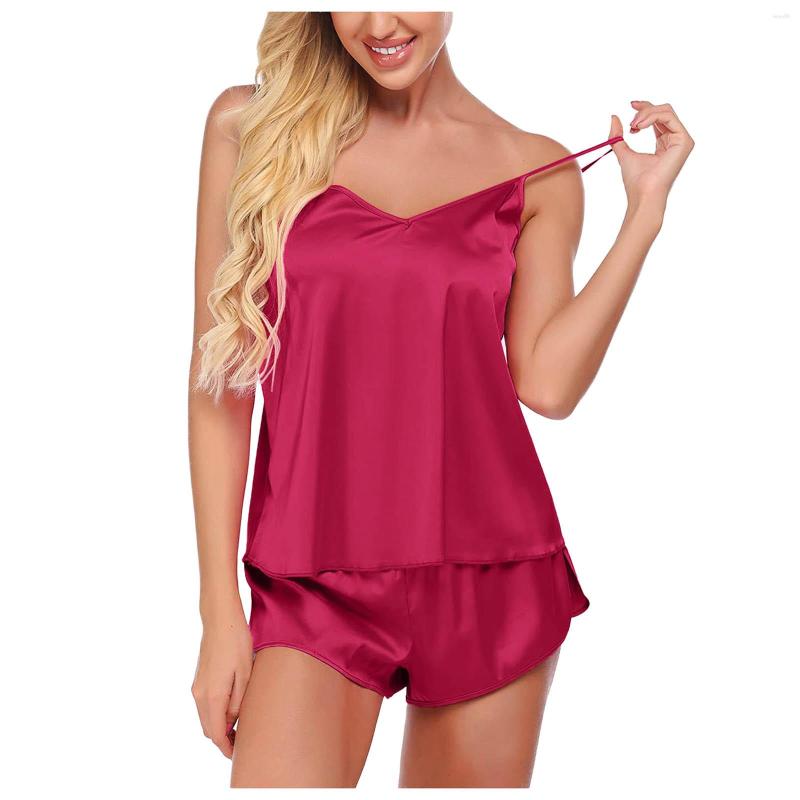 

Women's Sleepwear Silk Pajamas Set Women Casual Suit V-neck Suspender Nightwear Lace Camisole Sleep Tops Shorts Nightdress Home Summer, We