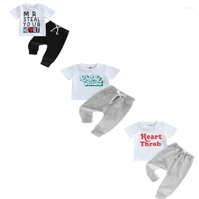 

Clothing Sets Festive Toddler Boys Summer Outfit Letter Print Short Sleeve T-shirt And Stretchy Casual Pants Set, White 1