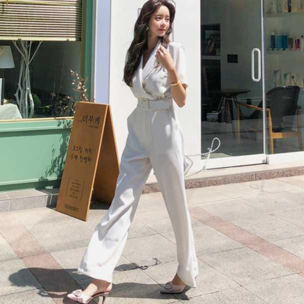 

Women' Jumpsuits & Rompers Office Ladies Notched Collar Short Sleeve Sashes Women Jumpsuit Work Business Wide Leg Pant White Female 2023 AQ