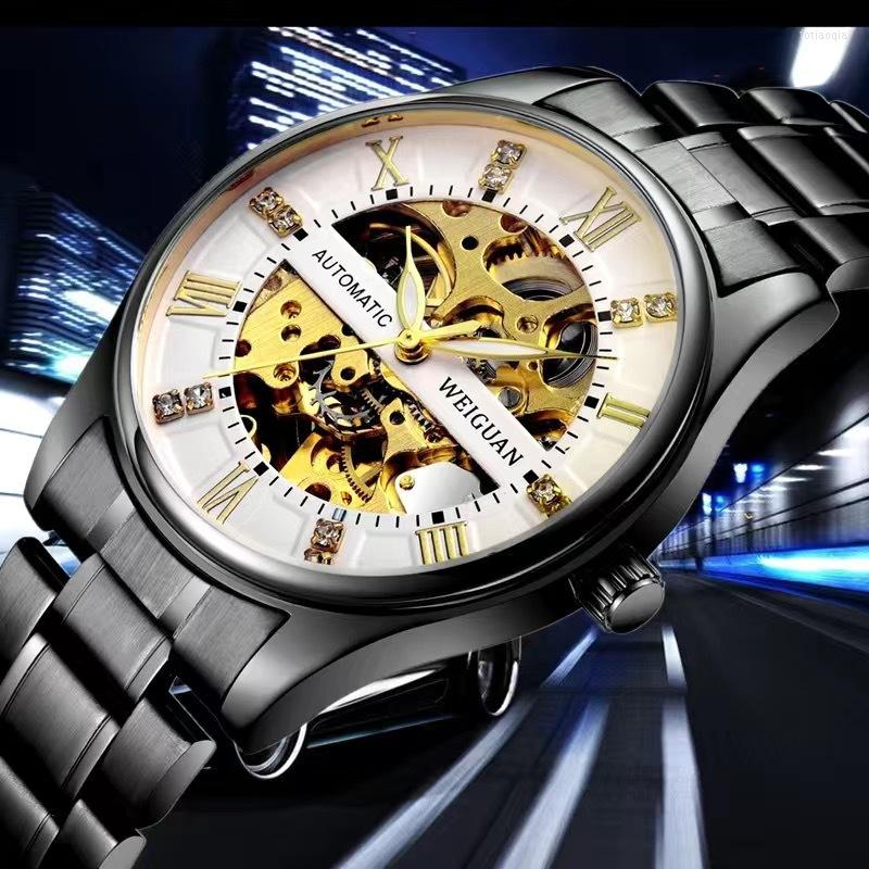 

Wristwatches Mechanical Men's Watch Unraion Luxury Automatic For Men Skeleton Design Waterproof Luminous Steel Band Student Sports, Gold white g