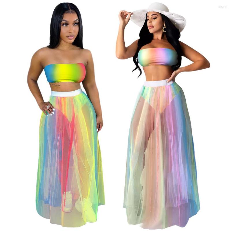 

Work Dresses 2023 Women Mesh Pleated Chest Wrapped 2-piece Skirt Set Rainbow Color Nightclub Bodycon Outfits Bulk Item In Wholesale Lots, Yellow