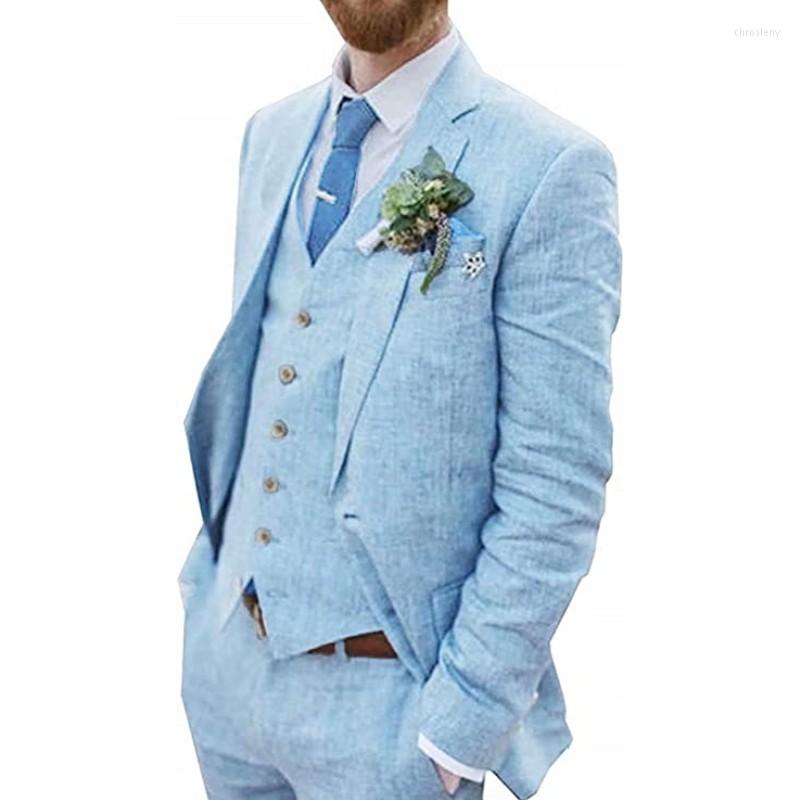 

Men's Suits Fashion Blue Linen Man Blazer Set Casual Wedding Seersucker Suit Slim Groom 3 Piece Men Jacket Custom Tuxedos