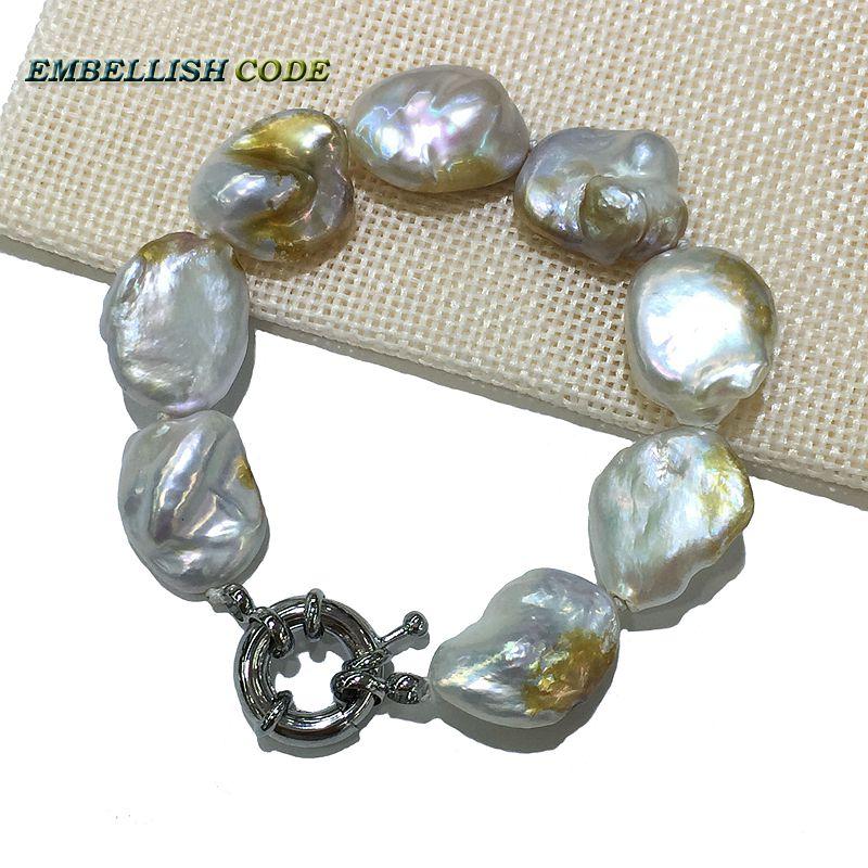 

Charm Bracelets Unusual Irregular Pearl Bracelet White Few Golden Color Good Gloss 3 Size For Women 8mm Thickness Flat Oval Shape Natural