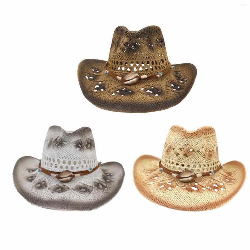 

Berets Summer Outdoor Straw Cowboy Hat Hand Woven Shapeable Brim Sun Hollowed Floppy Beach, Beige
