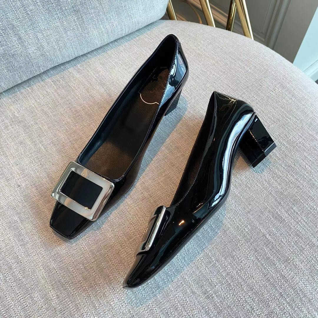 

Shoes leather square head banana heel inclined heel women's shoes cowhide metal buckle sheepskin lining high heel single shoes casual, Black