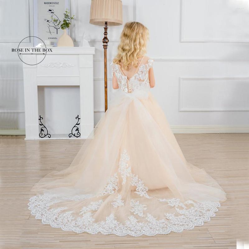

Girl Dresses Robe Princesse Fille Champagne Flower Dress O-Neck Lace Train Tulle For Wedding Guest Kids First Communion, Picture color