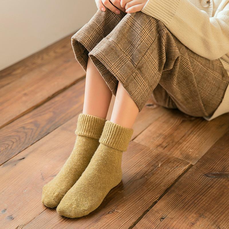 

Women Socks Winter Ladies Pure Color Thick Warm Double Needle Wool Japanese Retro Wild Pile Turn-over, 09